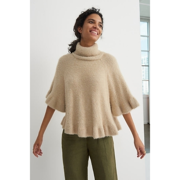 🆕 Anthropologie Ruffled Turtleneck Poncho in Beige - Picture 1 of 8